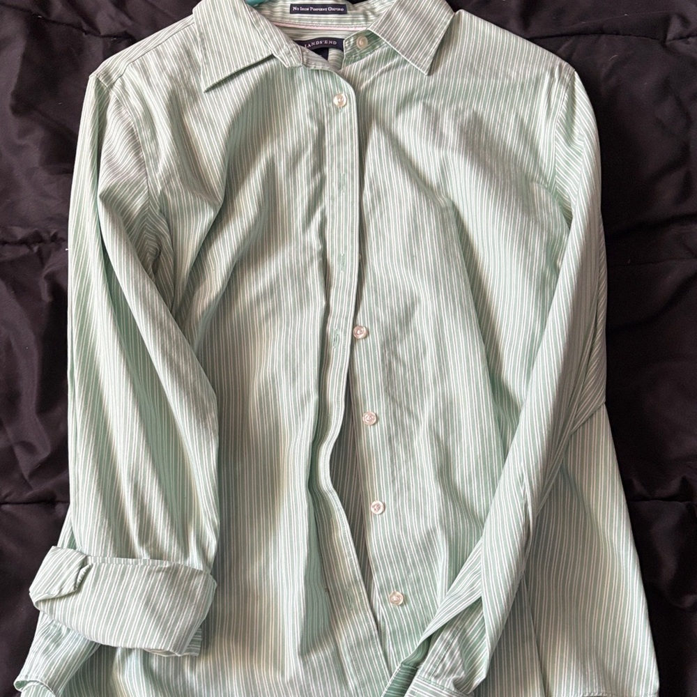 Lands' End Light Green Striped Button Down Shirt